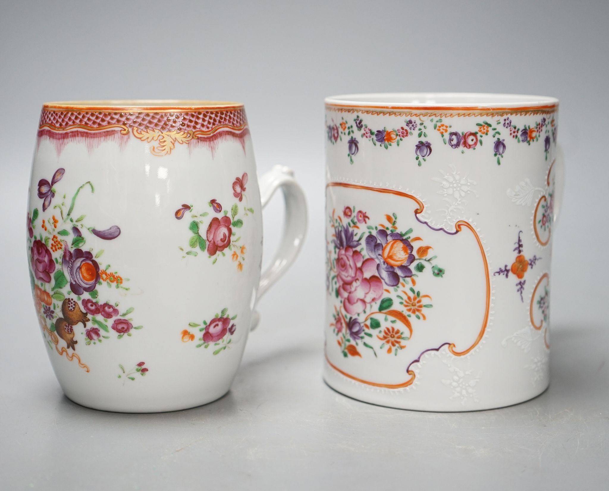 Two 18th century Chinese export famille rose mugs, 13cm